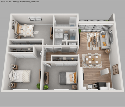 Floor plan for 3 beds, 2 baths, 1290 sqft